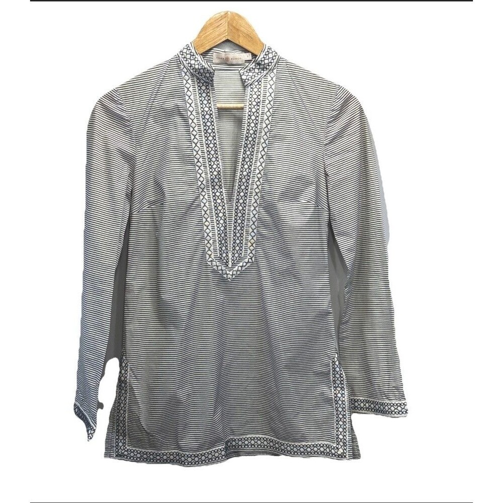 Tory Burch Stripe Embroidered Tunic Top Sz 0 Navy White Boho Stretch Cotton